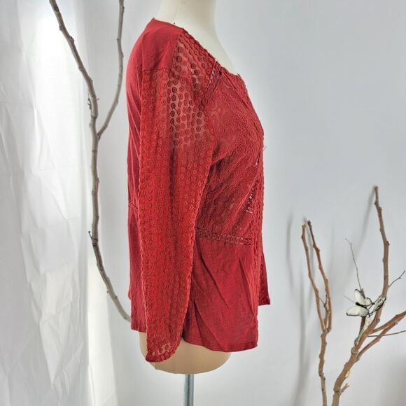 Lucky brand brick red boho top with semi sheer panels - Picture 8 of 12